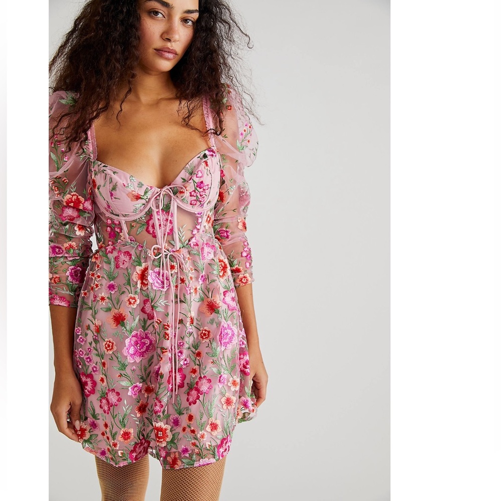 For Love & Lemons Tayla Ruffles Corset Embroidered Puff Sleeve Mini Dress